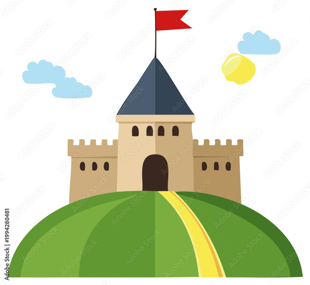 Naklejka premium Cartoon stone castle with a red flag atop a green hill under a sunny sky in flat design style