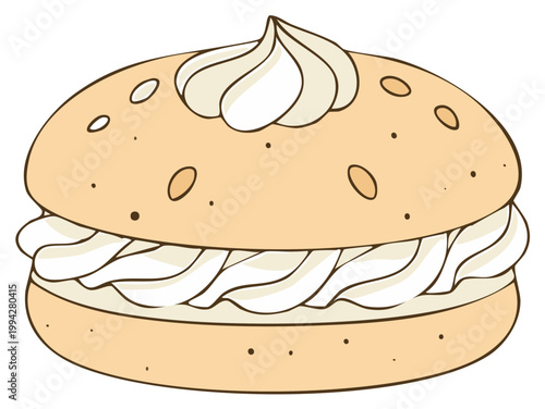 Hand drawn pastry with cream filling and swirl on top delicious baked goods illustration