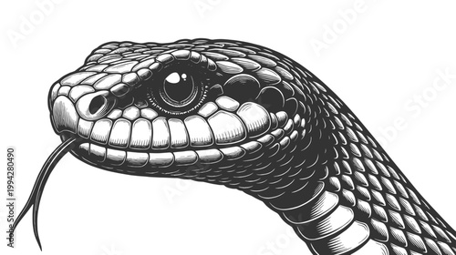 snake head with open mouth, visible fangs, and textured scales in dramatic detail sketch engraving generative ai fictional character vector illustration. Scratch board imitation. Black and white image
