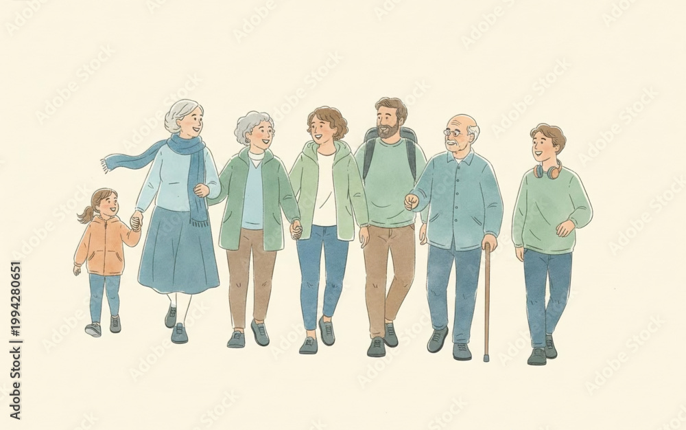 Fototapeta premium A multi-generational family walking together on a calm day, showcasing unity and shared moments