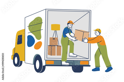 Moving service scene, flat cartoon male movers loading and unloading furniture and boxes into delivery van. Relocation and transportation service vector illustration, isolated colored scene