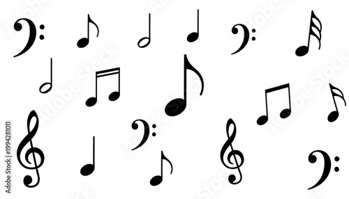 Diverse collection of musical notation symbols and clefs, ideal for design, rhythm, and melodic concepts
