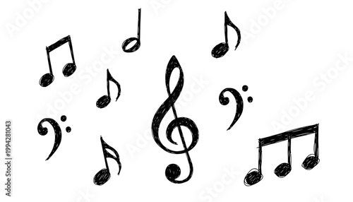 Artistic hand-drawn musical symbols and notes for creative designs and compositions