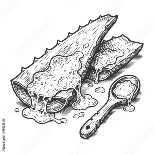 cut aloe vera leaves with flowing gel, highlighting natural skincare, herbal medicine, and organic healing properties sketch engraving generative ai vector illustration. Scratch board. Black and white