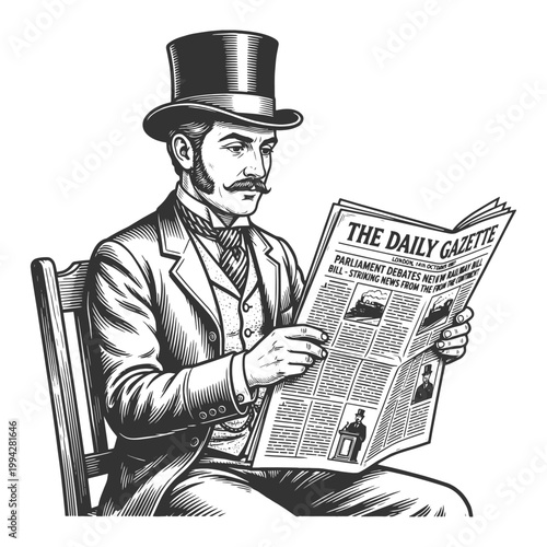Victorian man in top hat reading a newspaper, capturing classic journalism, history, and old-fashioned daily life sketch engraving generative ai vector illustration. Scratch board. Black and white.