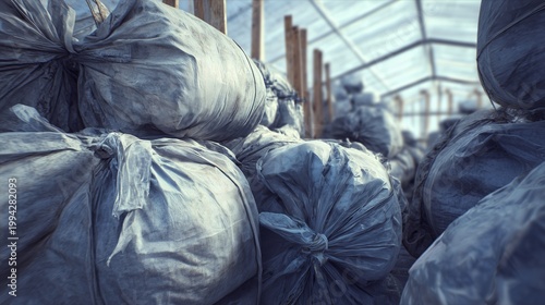 Stack of sealed debris bag with asbestos abatement context and testing implication - containment and hazardous waste removal.