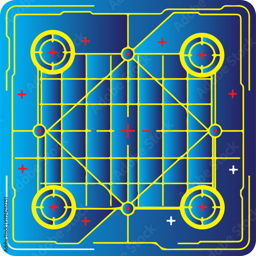 Futuristic technology interface grid with circular targets and red crosses.