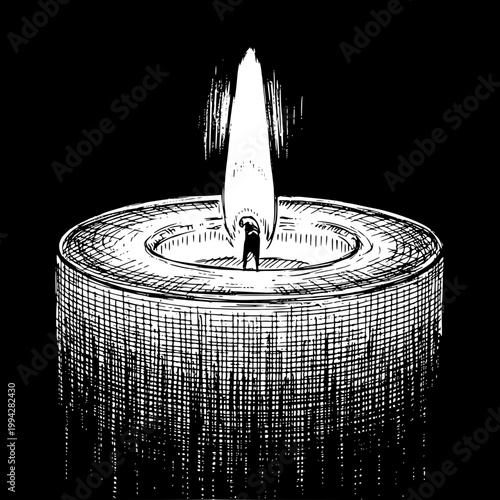 A candle in the dark. Burning candle on black background. Monochrome vector. Transparent SVG version.