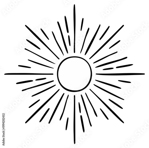 Stylized sunburst illustration with radiating lines and central circle in a hand-drawn sketch style