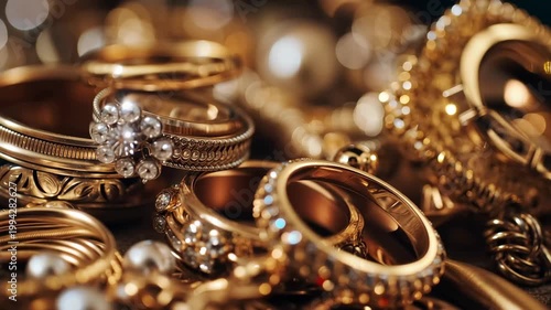 Piles of gold jewelry, highlighting a dazzling array of rings, A collection of gold rings and various jewelry pieces displayed on a wooden table