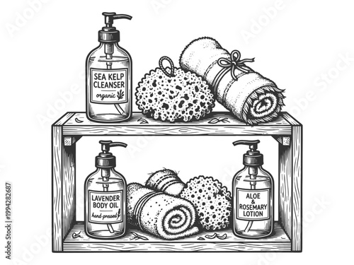 spa essentials including towels, sponge, soap, and bottles of lavender oil, aloe cleanser, and rosemary toner sketch engraving generative ai vector illustration. Scratch board. Black and white image.