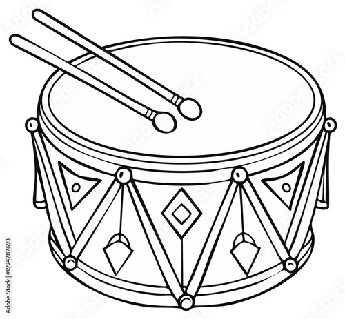 Cartoon drum with drumsticks isolated. Line art percussion instrument.