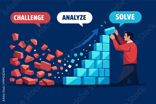 Problem solving process turning challenge into solution with businessman building blocks, analyzing data for success