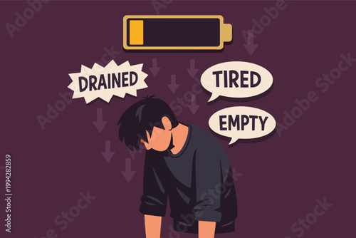 Young man holding head down, depicting tiredness, stress, and mental health issues with low battery and energy symbols