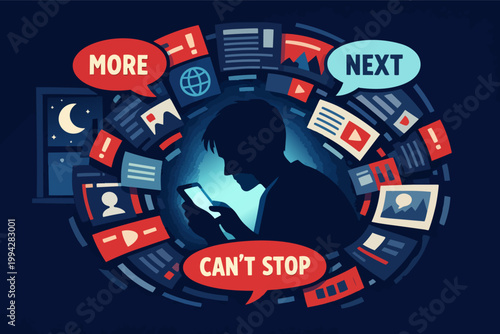 Person consumed by social media addiction, endlessly scrolling through digital content at night, feeling unable to stop