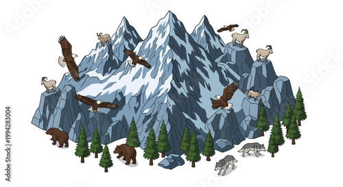 A 3D vector illustration depicts a wildlife scene with a top view of wild animals like bears, eagles, wolves, and sheep populating a mountainous landscape in a design for a world event