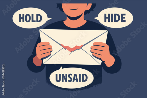 Person holding a ripped, sealed envelope conveying secrets, unsaid words, and broken communication in a relationship