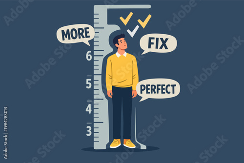 Man standing by a height ruler, thinking about self-improvement, body image, comparing himself and seeking perfection