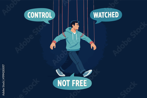 Person walking as a marionette, feeling watched and not free, illustrating a concept of control and manipulation