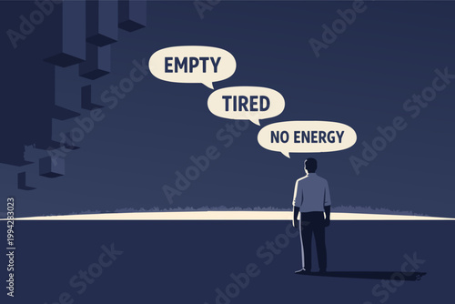 Man feeling empty, tired, and having no energy; experiencing burnout, depression, and mental exhaustion