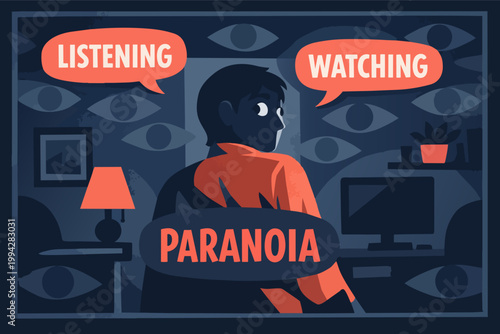 Paranoia concept with person feeling watched and listened to, surrounded by eyes representing constant surveillance