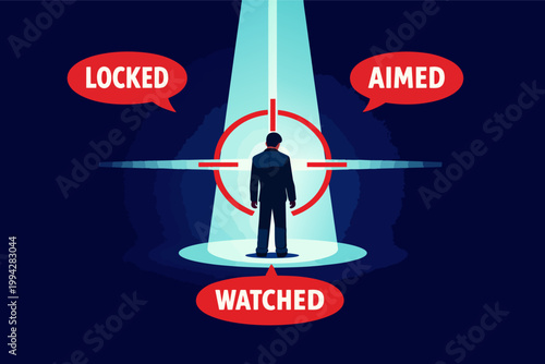 Person standing in spotlight under surveillance, a target crosshair focused on their back revealing concepts of being aimed, locked, and watched