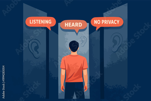Person feeling exposed to surveillance with listening ears and speech bubbles representing privacy violation