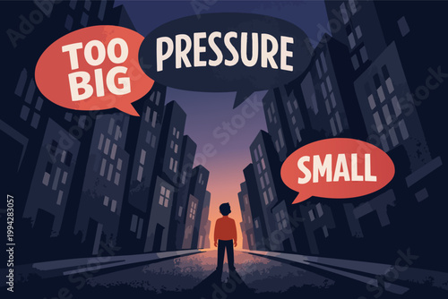 Person feeling societal pressure and anxiety in a big city, experiencing overwhelming stress with expectations and mental health issues