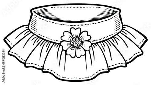 Vintage ruffle collar with flower detail, black and white line art.
