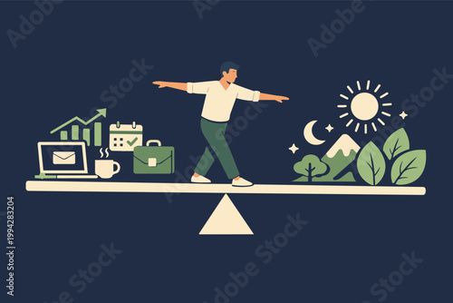 Man balancing work-life elements on a scale, showing harmony between professional career and personal wellbeing