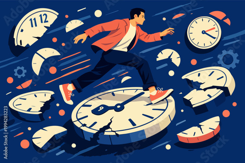 Person running on broken clocks, representing time pressure, deadline racing, and urgency in a fast-paced life