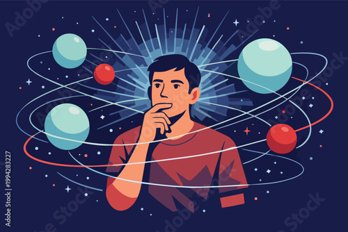 Man contemplating universe, space, and cosmic ideas, exploring astronomy and future possibilities