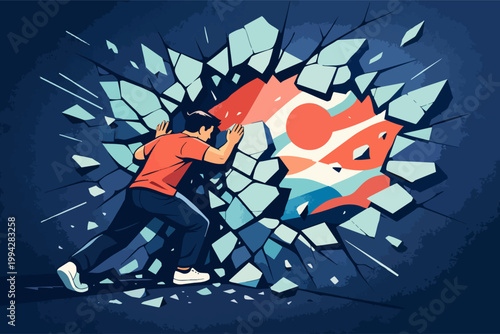 Man breaking through wall, overcoming obstacles, achieving breakthrough, finding freedom, moving forward to success