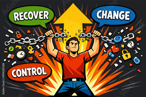 Man breaking chains for recovery, change, and control, achieving freedom from addiction or struggle concept
