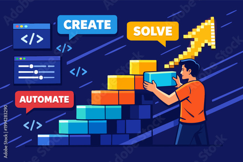 Developer building a career path, creating and solving code problems to automate processes and achieve growth