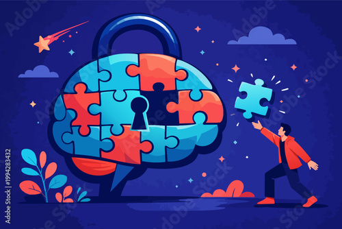 Individual finding the missing piece to a brain puzzle with a keyhole, unlocking mental barriers and achieving clarity