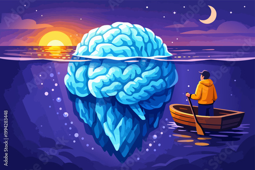 Man rowing boat viewing a brain shaped iceberg, representing the conscious and subconscious mind floating on ocean water