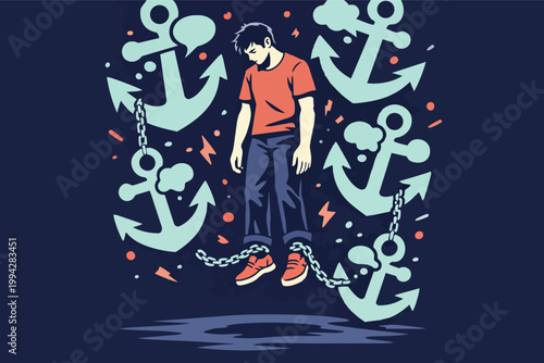 Young man struggling with mental health, burdened by heavy chains and anchors, feeling depressed and trapped