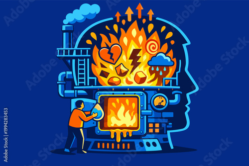 Person managing stress and burnout, mind overheating with emotional pressure and mental health struggle