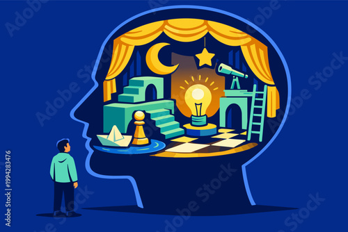 Person observing the human mind as a stage discovering ideas, imagination, dreams, and creativity