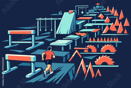 Athlete running through challenging obstacle course upward, overcoming difficulties, reaching goal, achieving success