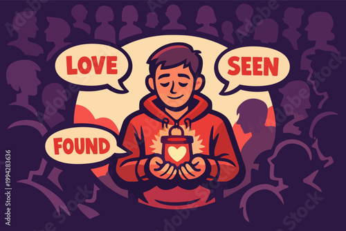 Man holding a heart-shaped light, surrounded by a crowd and speech bubbles with love, seen, and found