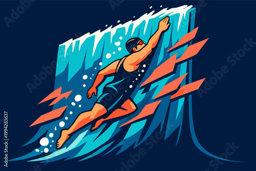 Swimmer powering through wave, demonstrating endurance and strength in a dynamic water sport illustration