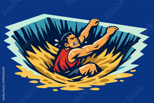 Man sinking in quicksand, struggling to grab the edge of a hole. Representing danger, struggle, and survival