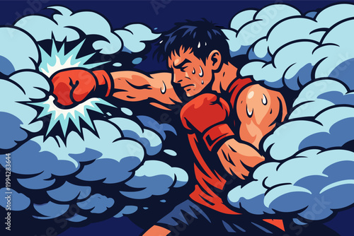 Determined boxer throwing powerful punch, demonstrating strength, energy, and combat sports action in pop art style