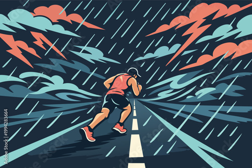 Runner enduring storm and lightning, facing challenge on open road, demonstrating grit and determination
