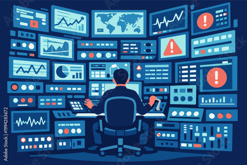 Cybersecurity operation center with analyst monitoring multiple screens for data analysis and system alerts