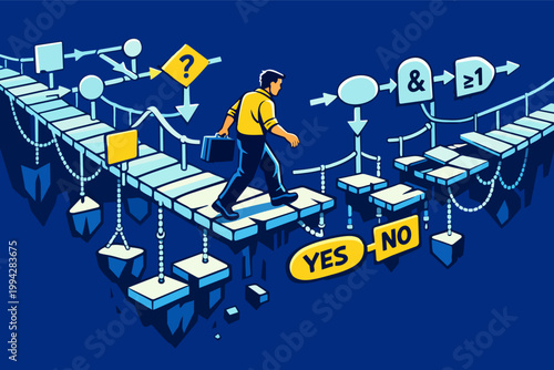 Businessman navigating a complex flowchart bridge, making decisions and solving problems on a strategic path