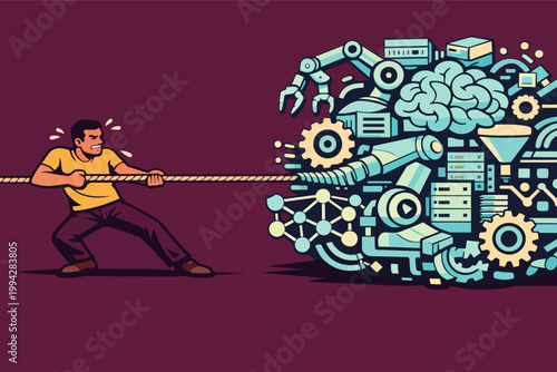 Man struggling against heavy complex technology and ai, pulling rope in a tug of war, demonstrating human versus machine competition