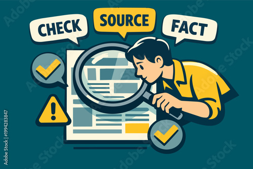 Person checking information and facts using a magnifying glass discovering truth and misinformation sources